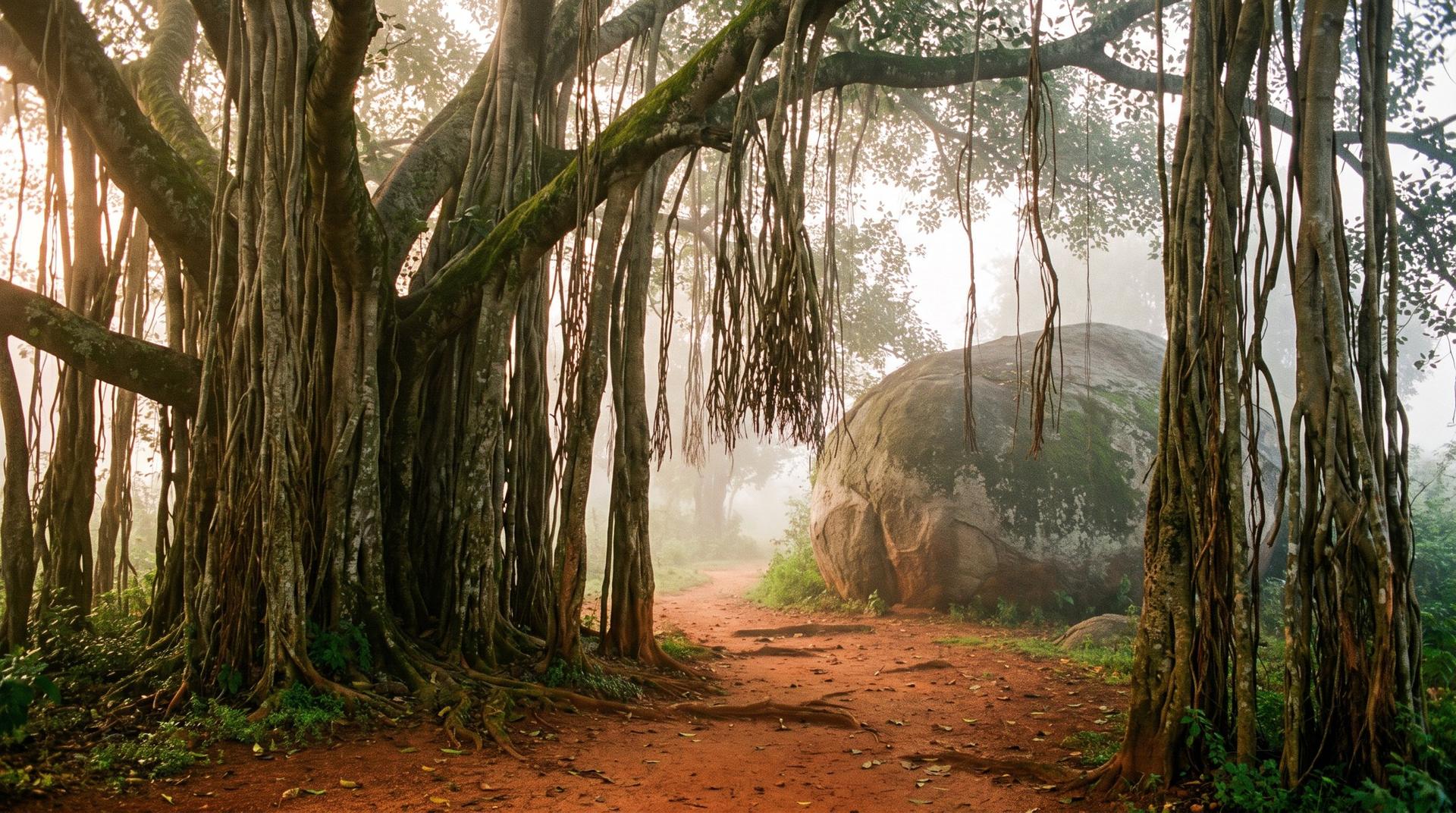 An old banyan with hanging roots over a red-earth path