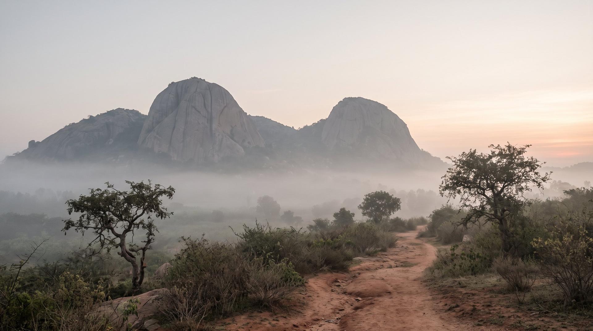 Granite hills in morning mist above a red-earth path