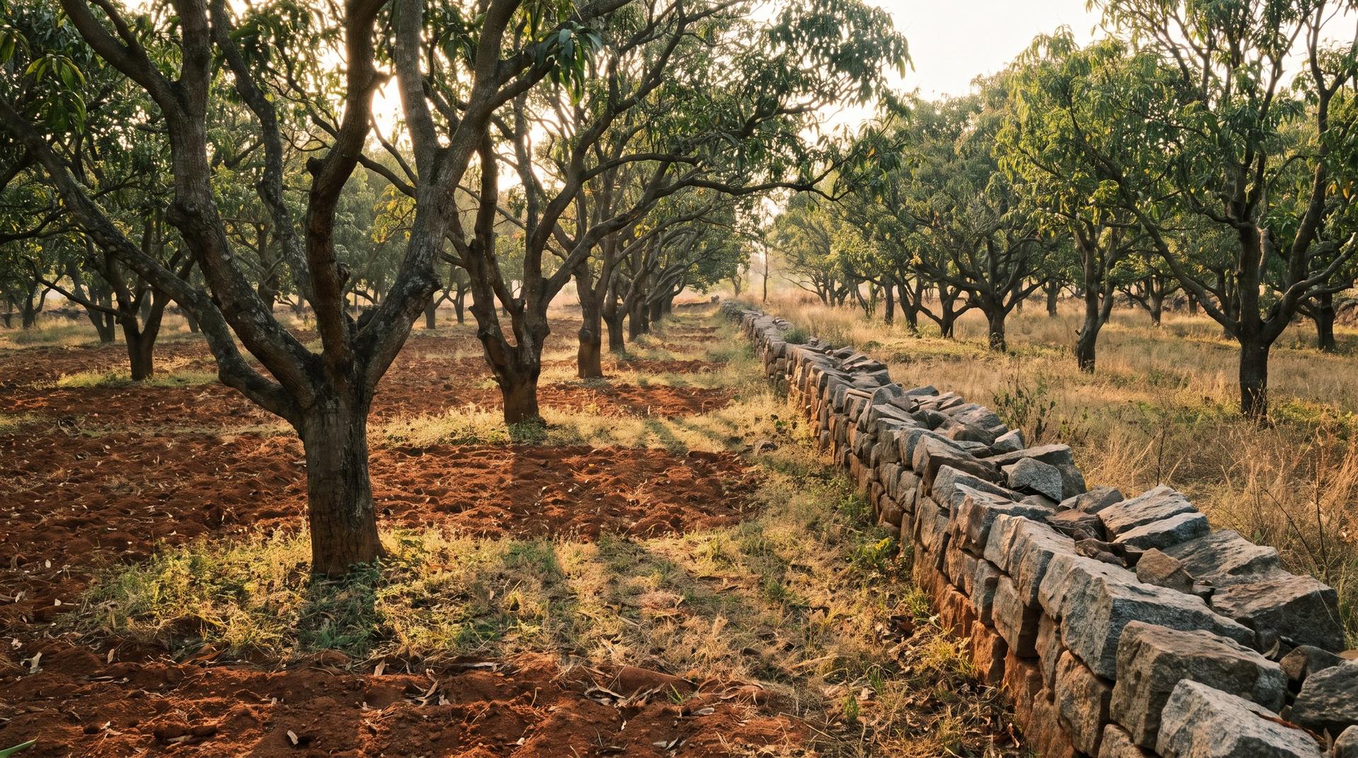 Rows of old mango trees and a dry-stone granite wall
